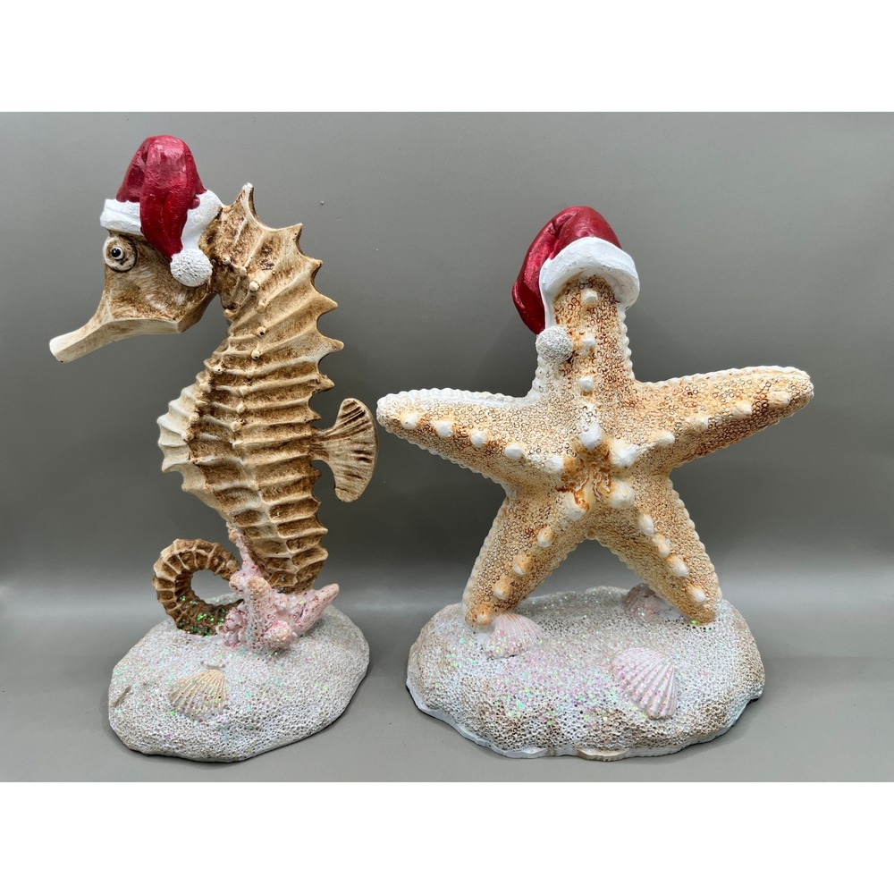 Set Coastal‎ Christmas Seahorse Starfish Figurine Santa Hat Nautical Holiday 7"